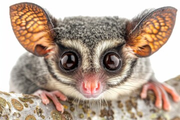 Obraz premium Adorable greater galago with wide eyes, bright and curious expression, detailed fur texture, soft and warm light, isolated white background, playful and endearing primate.