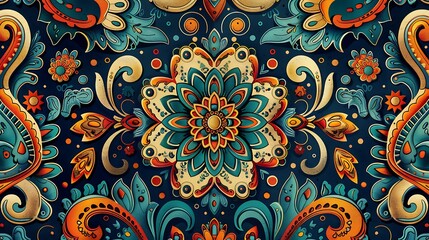 Fototapeta premium Vibrant and intricate floral pattern featuring bold colors and swirling designs, perfect for decorative purposes and artistic projects. 