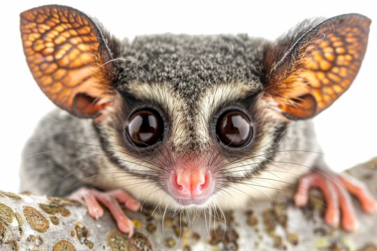 Adorable greater galago with wide eyes, bright and curious expression, detailed fur texture, soft and warm light, isolated white background, playful and endearing primate.
