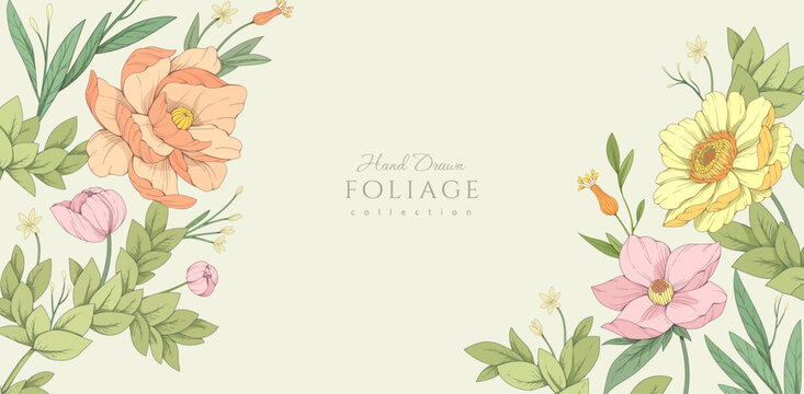 Retro colorful floral art with detailed various flowers and foliage, intricate details and delicate forms. Elegant botanical background or invitation card. Hand drawn vector illustration