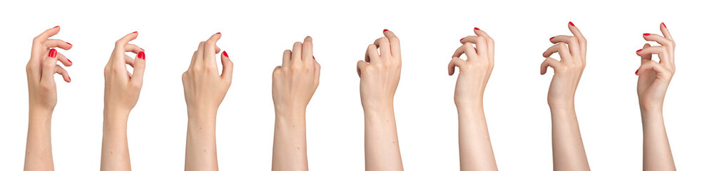 Elegant women hand gesturing, turning arm, touching tender, set isolated on white background..,...