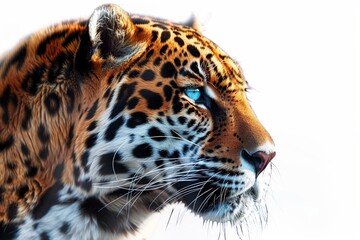 Obraz premium Fierce jaguar with intense gaze, powerful and majestic predator portrait, detailed fur texture, bright and clear light, isolated background, impressive and wild animal.