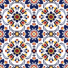 A vibrant floral pattern featuring intricate designs in blue, red, and yellow hues, perfect for various decorative applications and textile designs. 