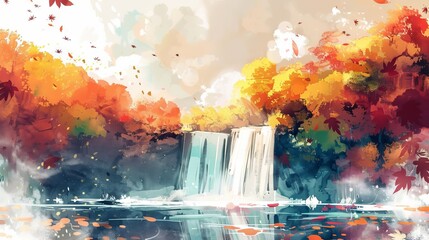 Fototapeta premium Watercolor painting of a waterfall in an autumn forest. Concept of nature, landscape, fall season, tranquility