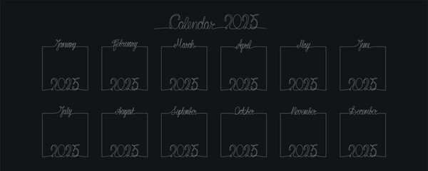 Fototapeta premium 2025 calendar with hand drawing month and year sign in frame. Vector illustration isolated on black background for design template print materials, daily planner. Editable stroke one single line.