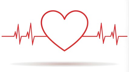Graphical representation of a red heart outline with electrocardiogram line, heartbeat rhythm on a white background with space for text.   For medical infographics, clinics 