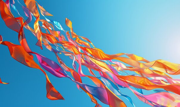 Colorful Oktoberfest festival banner waving proudly in the wind against a clear blue sky.