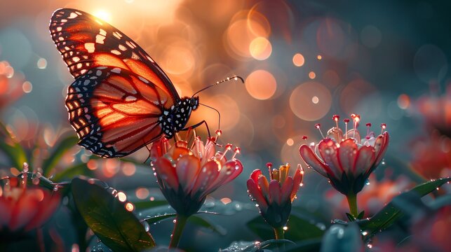 Sunset butterfly on a vibrant flower, light mist on leaves, showcasing tech-nature unity