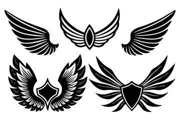 wing silhouette vector set, angel or bird wings. Ideal wing vector for logo design, tattoos, decals. Highly detailed, customizable, various designs