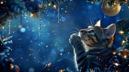Christmas backdrop with kitten playing a ball