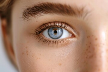 Fototapeta premium Detailed close-up of a woman's blue eye with natural makeup, captured in soft light, showcasing the intricate details and natural beauty.