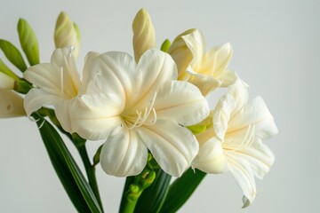 Serene close-up of white lilies, captured in soft light, showcasing their delicate petals and tranquil beauty.