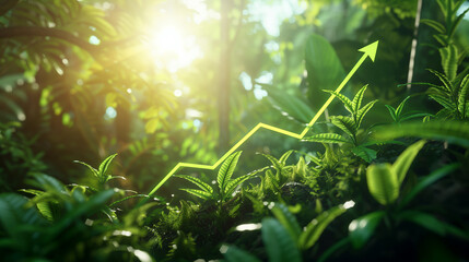 Fototapeta premium A green graph rising among trees and plants illustrating eco progress and oxygen production