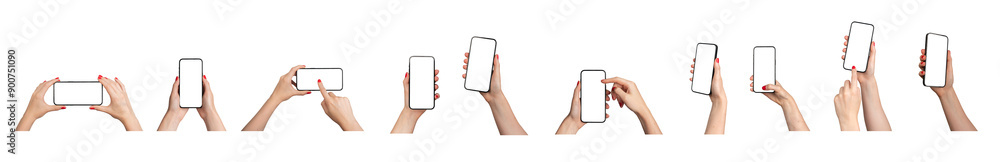 Wall mural Hands holding mobile phone screen mockup, using smartphone touchscreen, cellphone, set isolated on white background.., transparent PNG