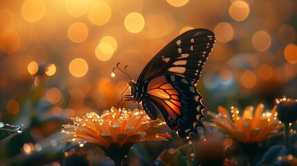 Butterfly on a radiant flower at golden hour, mist on leaves, highlighting tech and nature's bond