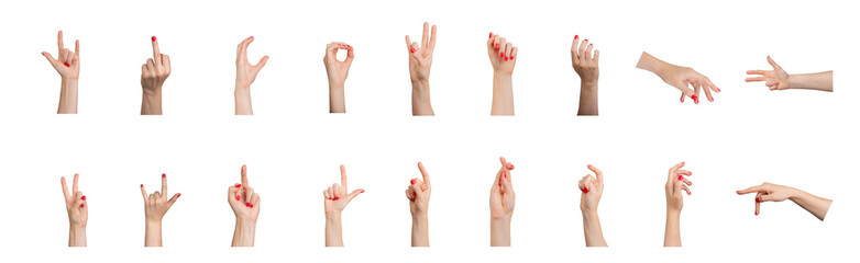 Hands showing different gestures, signs with fingers, red nails isolated on white background..,...