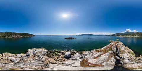 Obraz premium 360 VR Panorama. Rocky Shore on West Coast of Pacific Ocean. Sunny Summer Day.