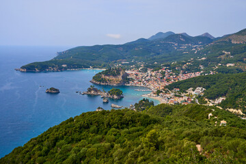 Fototapeta premium Aerial view of Parga village and Parga bay in Greece