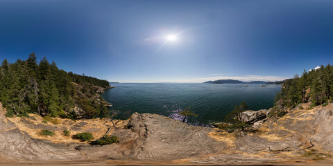 360 VR Panorama. Rocky Shore on West Coast of Pacific Ocean. Sunny Summer Day.