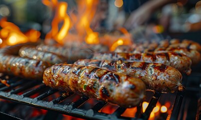 A close-up of a sausage sizzling on a grill at the Oktoberfest festival.