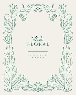 Retro floral frame or cover. Botanic design elements in wavy and naive style. Boho leaves branches and blooming print for poster, social media and packaging or greeting card. Vector illustration