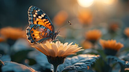 Obraz premium Golden hour butterfly on a colorful flower, mist on leaves, symbolizing tech and nature's unity