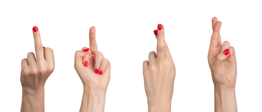 Bad gestures set. Middle finger showing rude, crossed of lier sign, set isolated on white background.., transparent PNG