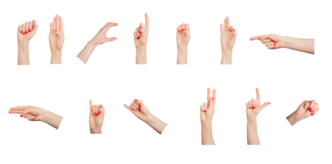 Hand gestures, signs, finger pointer, fist, set isolated on white background.., transparent PNG