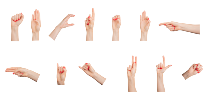 Hand gestures, signs, finger pointer, fist, set isolated on white background.., transparent PNG