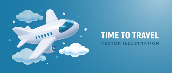 Time to travel conceptual banner template. 3d realistic cute white plane with blue portholes flying in the clouds on blue sky background, place for text. Cartoon minimal style. Vector illustration