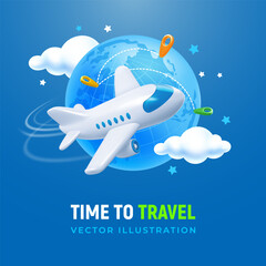 Time to travel conceptual banner template with 3d realistic white plane, flying around the globe, routes, location pins on blue  background, place for text. Cartoon minimal style. Vector illustration