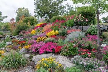 Obraz premium Vibrant flower bed with a variety of colorful blooms, captured in bright daylight, showcasing the lush foliage and diverse plant life.