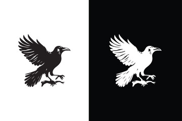 Black crow icon silhouette. Vector of crow design isolated on black white