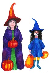 watercolor Halloween.Hand-painted trick-or-treating girls in  Halloween costumes with bags in a form of Jack-o-lantern. postcard for your scary invitation, party,design.Autumn holiday fun