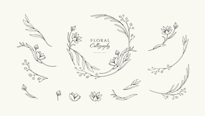 Set of elegant calligraphic botanical design elements, floral frame and graceful branches. Wedding wildflowers for invitation save the date card. Botanical feminine rustic vector illustration