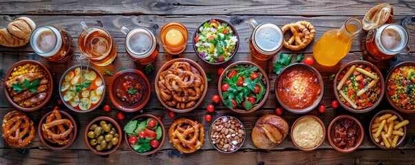 Rustic wooden table set with traditional Bavarian dishes, beer steins, and pretzels at Oktoberfest.