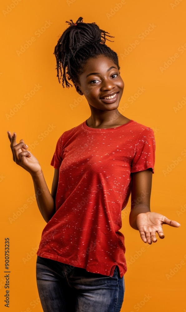 Wall mural a happy young woman with an upbeat expression gestures with her hands against an orange background