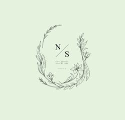 Elegant calligraphic botanical wreath, floral frame and graceful branches. Wedding wildflowers for invitation save the date card. Botanical feminine rustic vector illustration