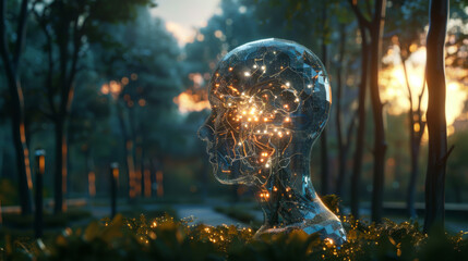 An abstract robotic man with dark skin and glowing golden eyes surveys this world outdoors.