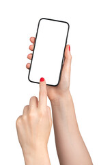 Hand holding mobile phone screen mockup, index finger tapping on smartphone touchscreen, cellphone mock up, isolated on white background.., transparent PNG