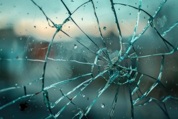 Closeup of a shattered glass pane against a soft sunset backdrop