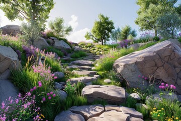 Fototapeta premium Beautiful rock garden with colorful succulents and a stone pathway, captured in bright daylight, showcasing the vibrant colors and unique plant arrangements.
