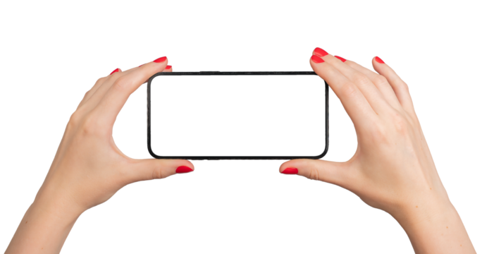Hand holding mobile phone screen mock up, showing smartphone, horizontal mockup, isolated on white background.., transparent PNG
