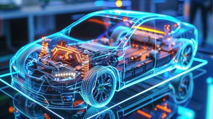A holographic display of an electric vehicle's battery system, showcasing the internal structure and energy flow within its body. 