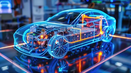 A holographic display of an electric vehicle's battery system, showcasing the internal structure and energy flow within its body. 