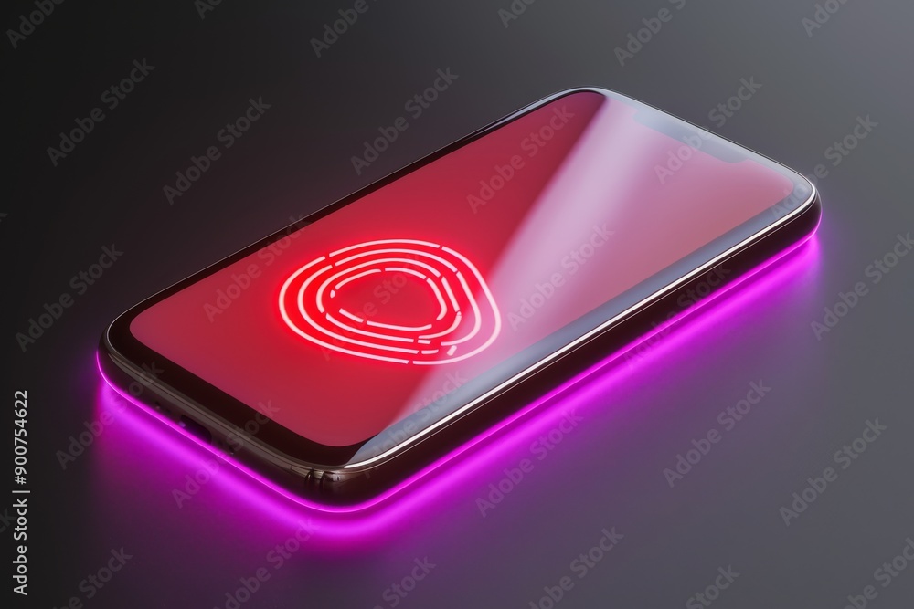 Poster digital fingerprint scanner on a smartphone with glowing red and pink light symbolizing biometric se