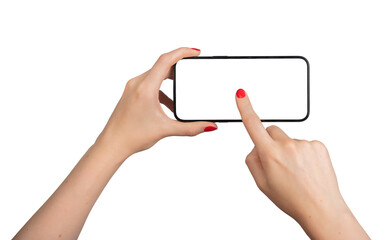 Hand holding mobile phone screen mock up, clicking tapping finger in center of smartphone,...