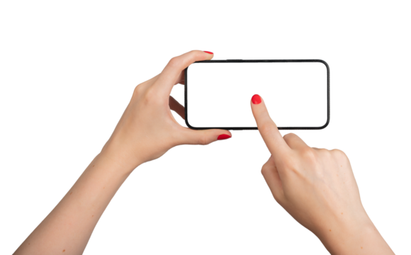 Hand holding mobile phone screen mock up, clicking tapping finger in center of smartphone, horizontal mockup, isolated on white background.., transparent PNG