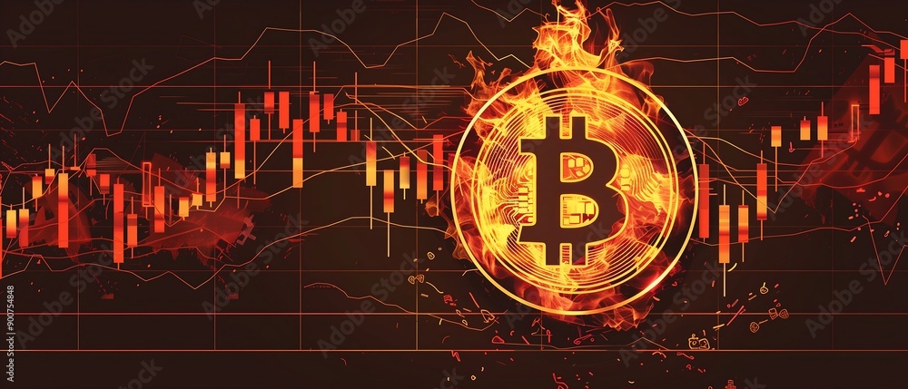 Poster golden bitcoin coin in fire with bull trading stock chart. bitcoin gold and cash lightning blockchai