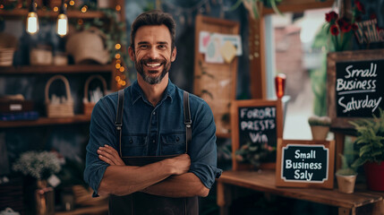 Fototapeta premium Small business owner smiling at event promoting local shops on saturday morning